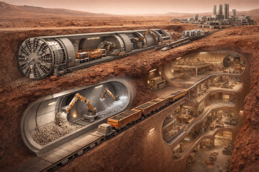 Vea cómo una ciudad subterránea en Marte construida por robots en Marte usa granja solar en Marte, reactor nuclear en Marte y sustenta una colonia en Marte.