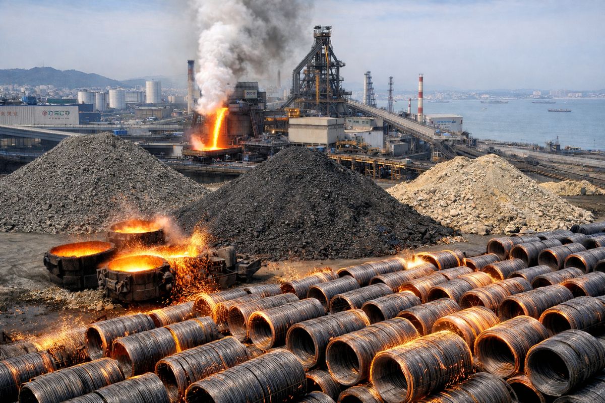 Empresa coreana transforma minério e carvão em aço numa “linha de montagem” que não para 24h sinter e coque entram no alto-forno a 1500°C, a escória é retirada e reciclada