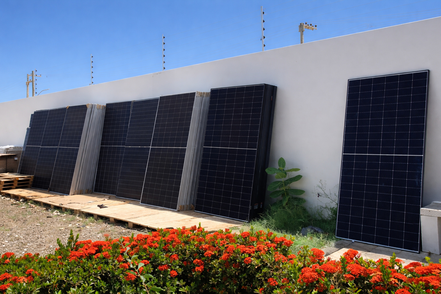 Painéis solares encostados em muro branco, com flores vermelhas em primeiro plano e céu azul limpo ao fundo.