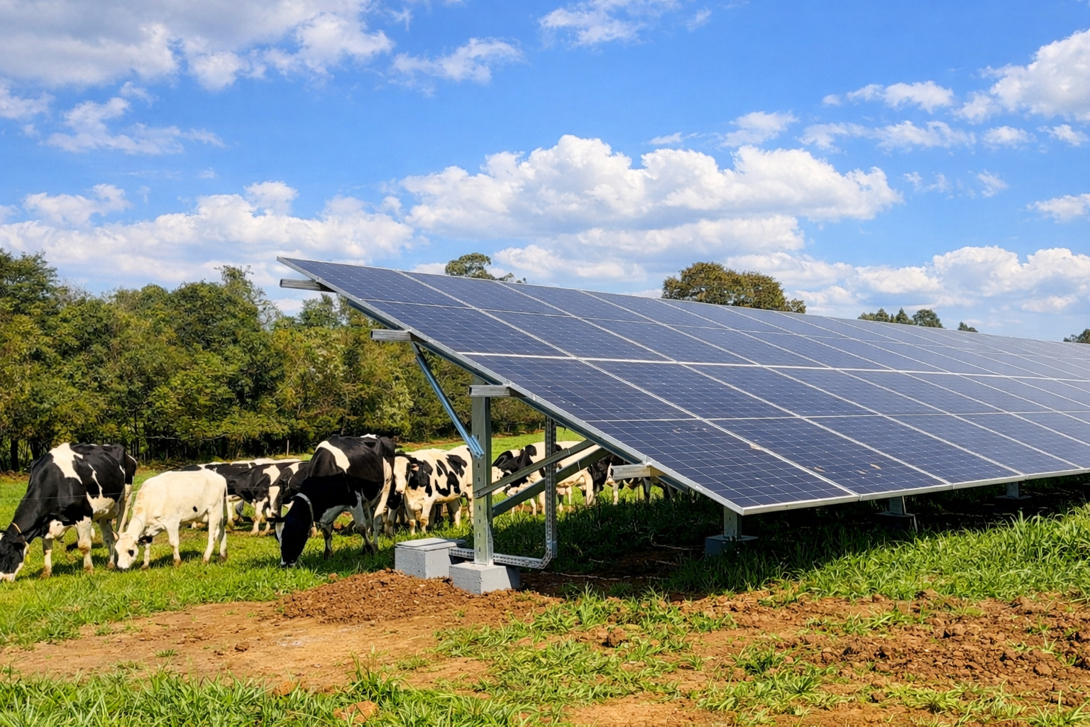 Painéis solares instalados em área rural com vacas pastando sob a estrutura e céu azul com nuvens brancas ao fundo.