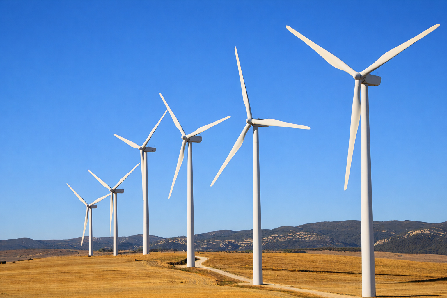Parque eólico com várias turbinas alinhadas em área rural sob céu limpo ao meio-dia.