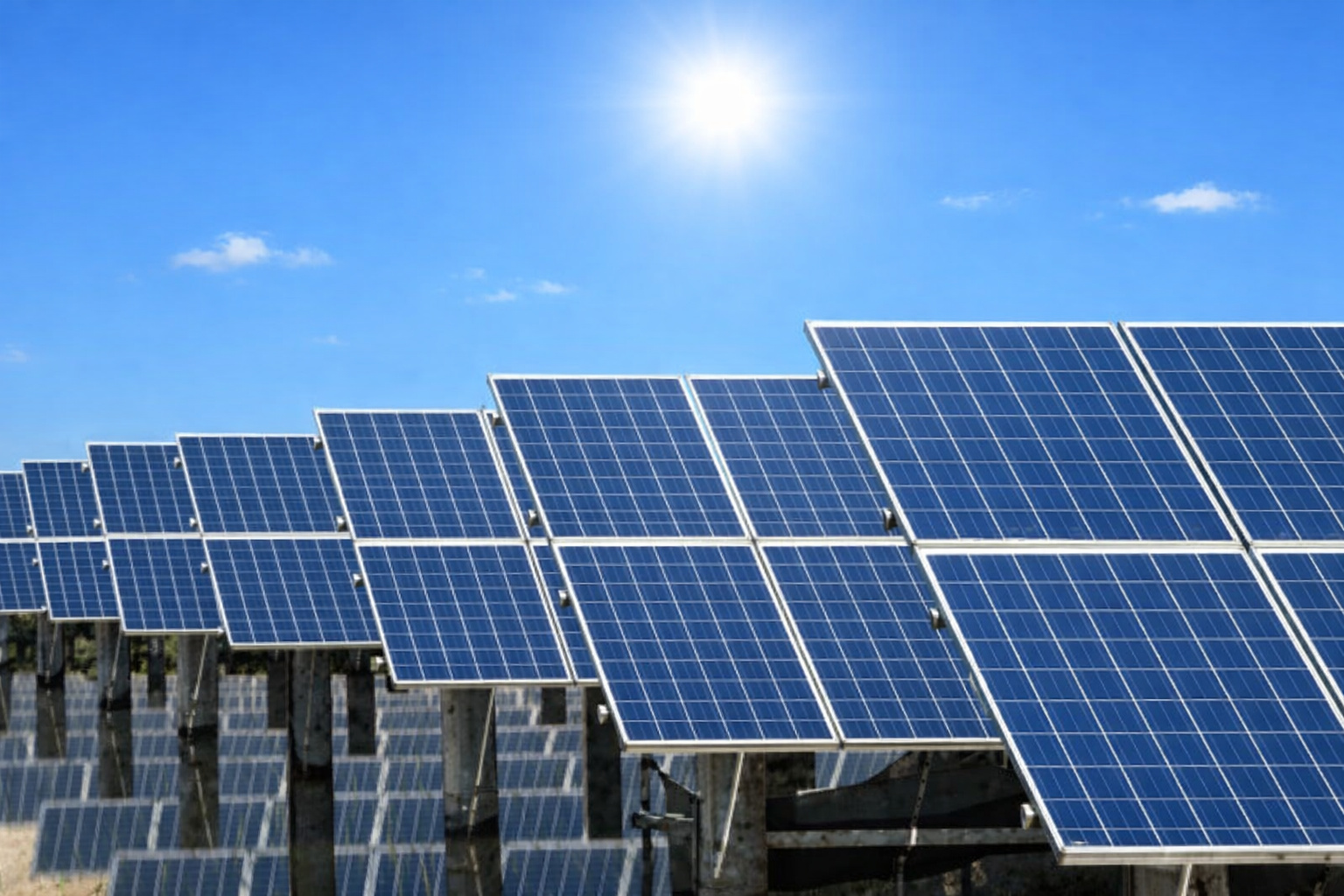 Painéis solares alinhados em uma usina de energia solar sob céu azul e sol forte ao meio-dia.