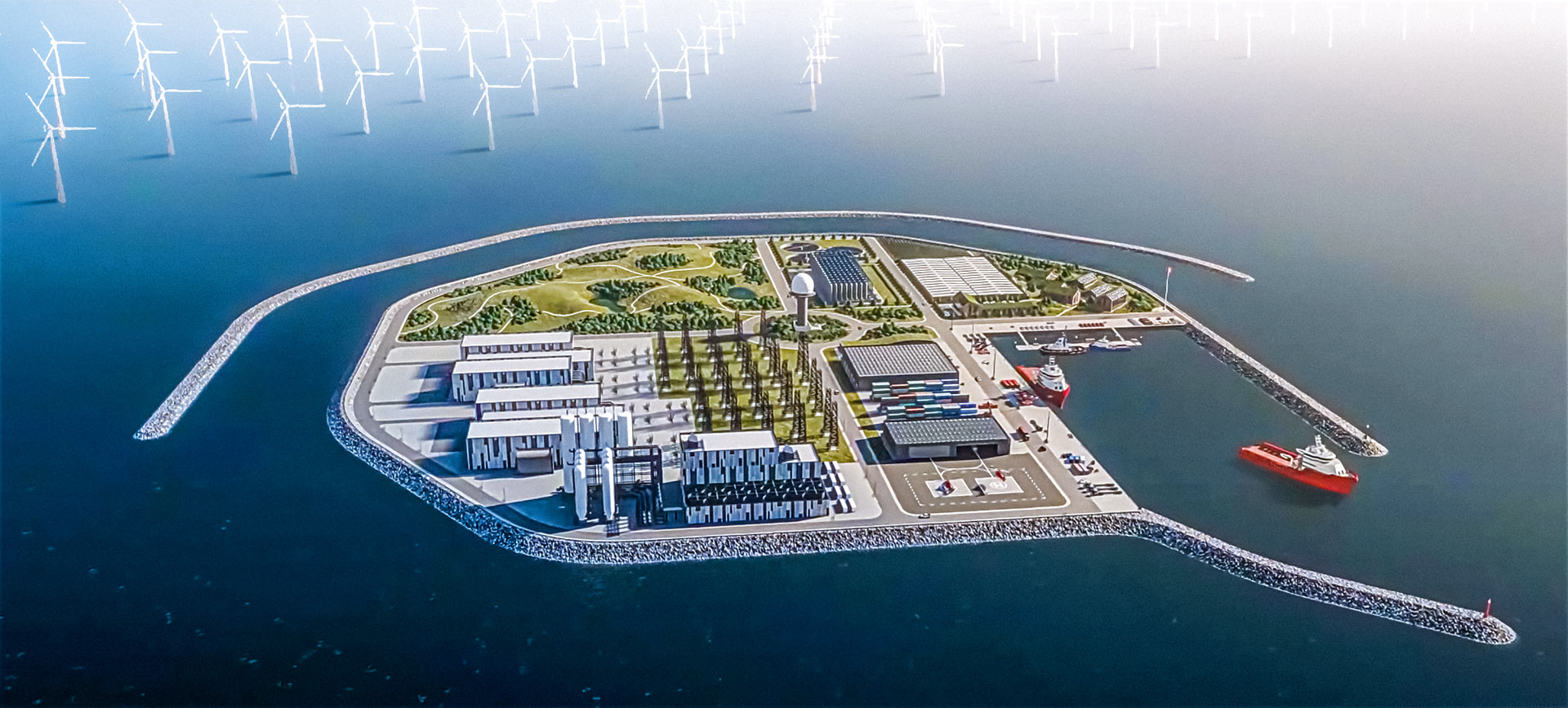 A primeira "ilha de energia" do mundo reunirá até 10 GW de vento no mar do Norte, custará mais de US$ 30 bilhões e poderá abastecer até 10 milhões de casas com eletricidade gerada por centenas de turbinas offshore