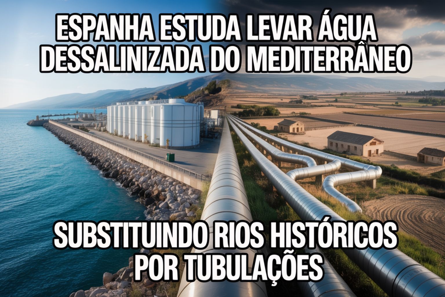 Espanha estuda levar água dessalinizada do Mediterrâneo por centenas de quilômetros para manter regiões agrícolas vivas no interior, substituindo rios históricos por tubulações e rompendo o ciclo natural da água no campo