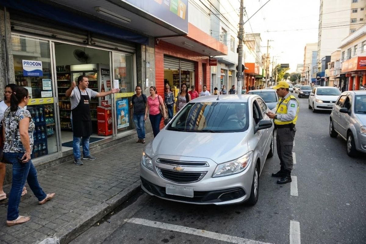 Estacionar em frente a comércio em via pública não gera multa nem autoriza guincho, segundo o Procon, mesmo com calçada rebaixada, contrariando práticas irregulares de comerciantes.