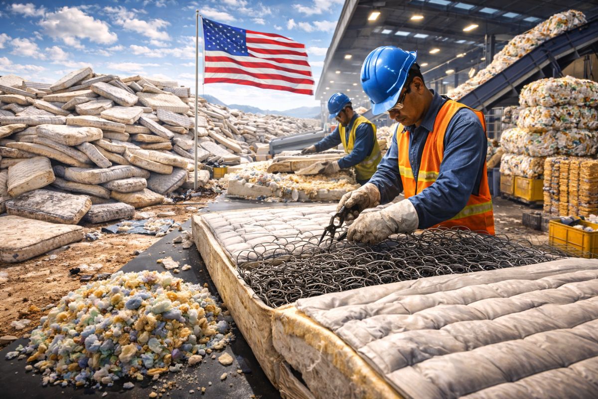 Estados Unidos jogam fora 20 milhões de colchões por ano, mas fábricas desmontam esse pesadelo em aço e espuma, transformando lixo impossível em bilhões
