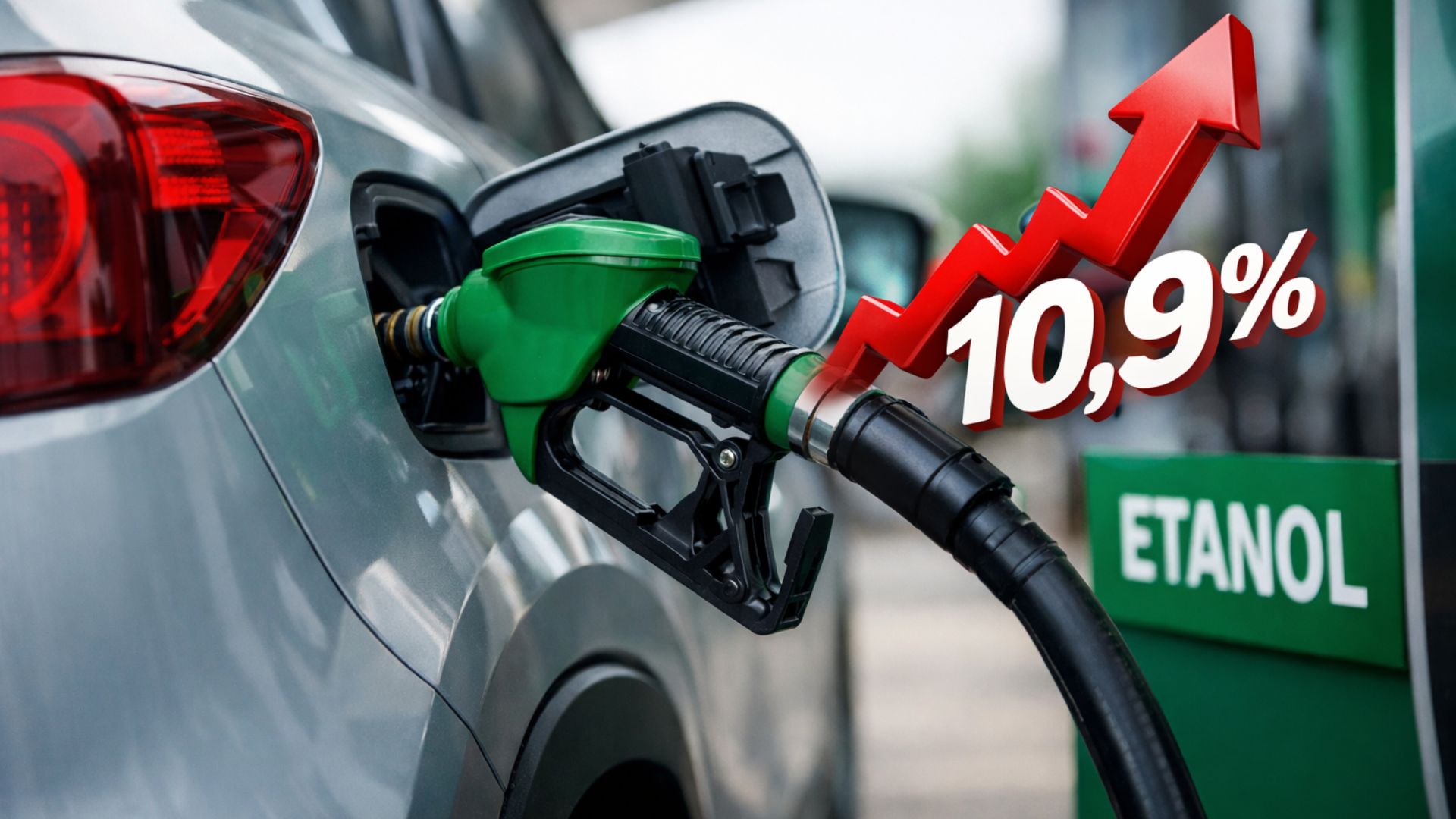Carro abastecendo com etanol em posto de combustível, com seta gráfica vermelha apontando para cima e indicação de alta de 10,9% no preço do biocombustível.