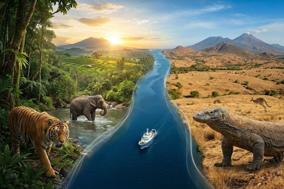 Linha invisível na Indonésia revela a Linha de Wallace, explica a biodiversidade, envolve tectônica de placas e mostra por que dragões de Komodo vivem separados de tigres e elefantes.