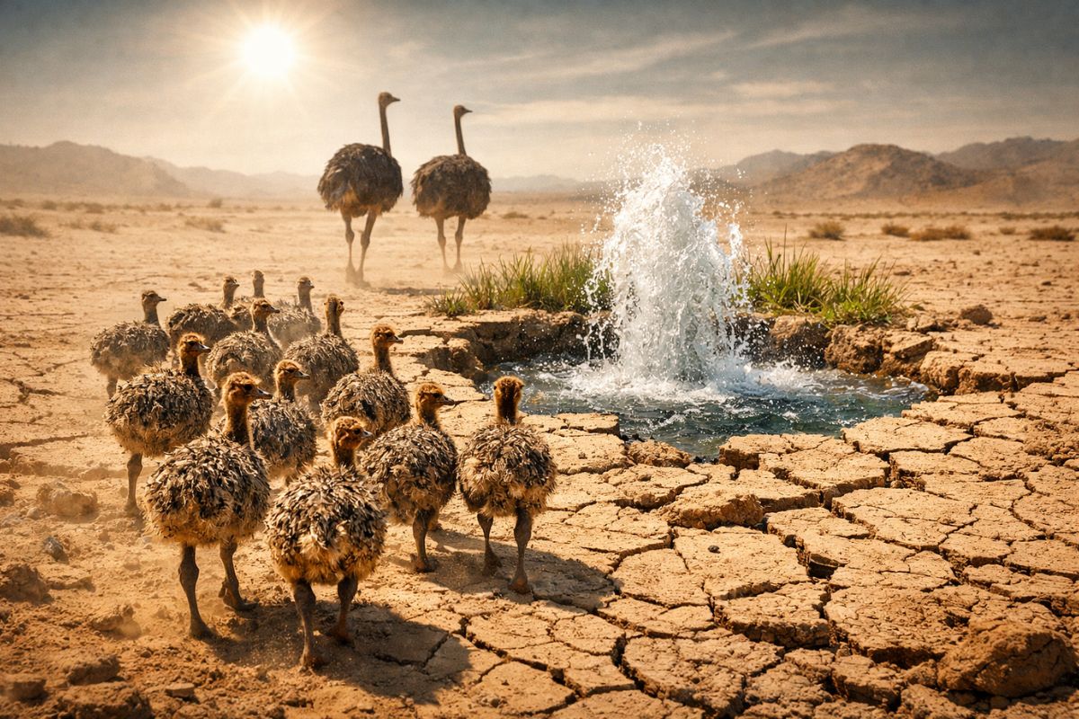 Avestruz atravessa o deserto do Kalahari com filhote de avestruz até a salina de Etosha, onde uma nascente escondida vira a única chance de sobrevivência