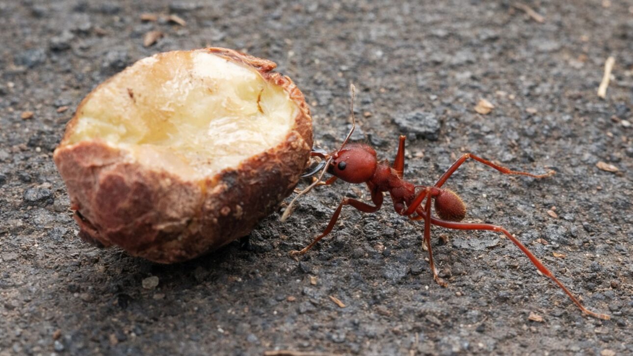 Hormiga cortadora interactúa con residuo orgánico en el suelo, evidenciando el aprovechamiento natural de biomasa y procesos biológicos estudiados para aplicaciones en biocombustibles sostenibles.