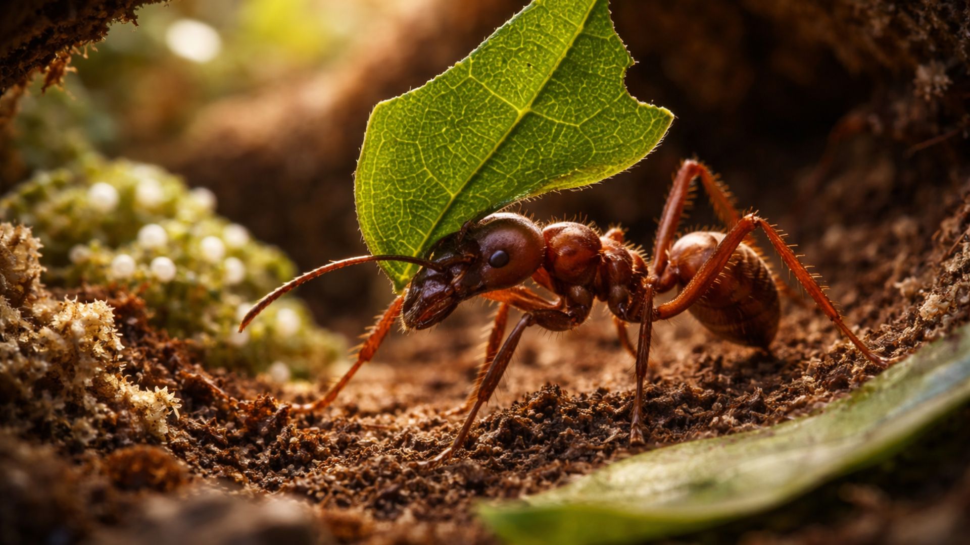 Formiga-cortadeira carrega folha verde dentro do formigueiro, destacando a relação entre biomassa vegetal, fungos e microrganismos estudados para aplicações em biocombustíveis sustentáveis.