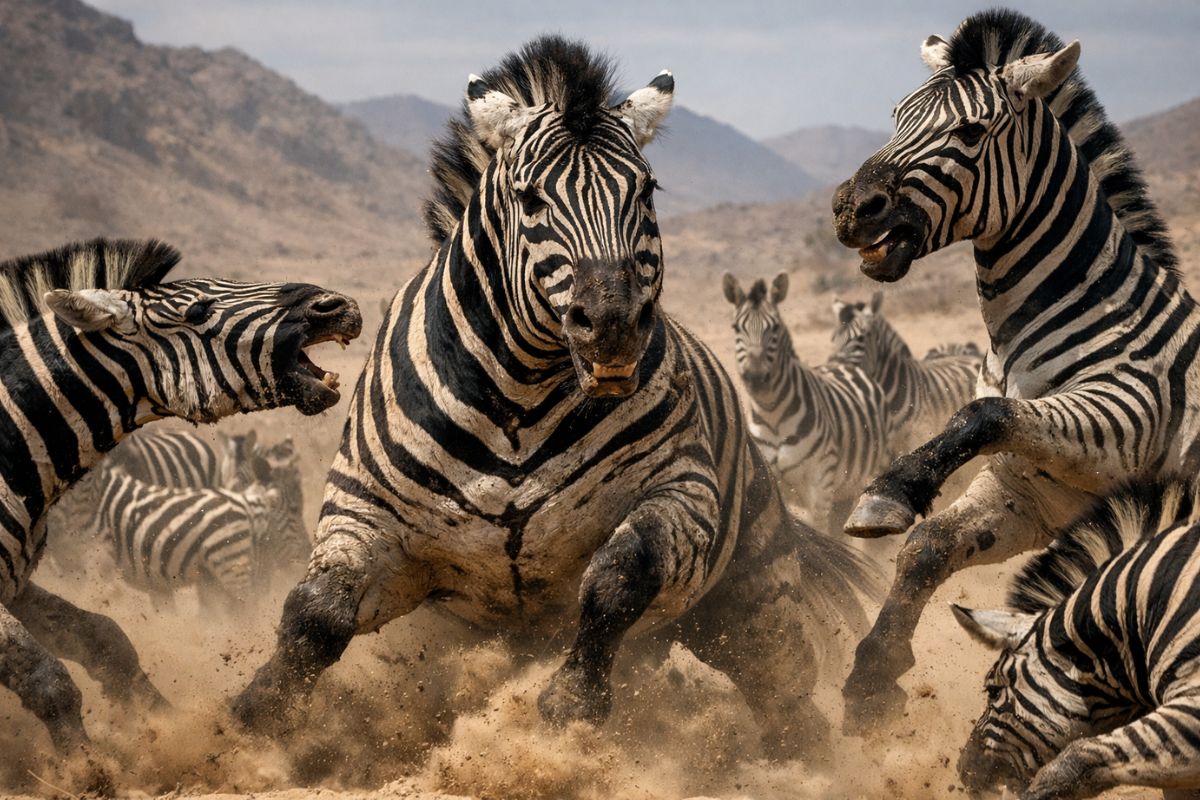 Zebra enfrenta rivais no deserto, garanhão defende território e disputa fêmeas para manter a linhagem viva em ambiente extremo.