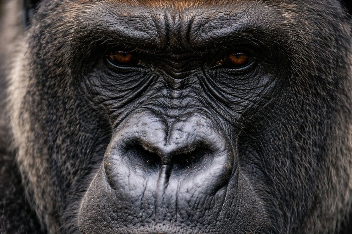 gorila em risco, com água obtida por folhas, ninho diário no chão da floresta, tensão com chimpanzés e uso de ferramentas que revela inteligência, rotina social e desafios de conservação