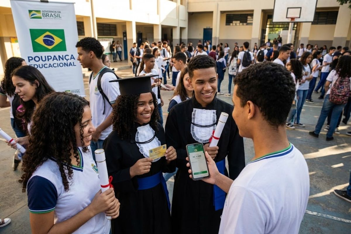 Poupança educacional inédita do Pé-de-Meia pode pagar até R$ 9.200 no Ensino Médio para estudantes, com depósitos na Caixa em 2026 e incentivo condicionado à frequência, aprovação e participação no Enem.
