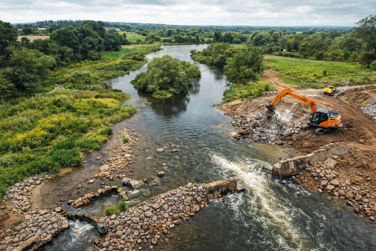 Barragens removidas impulsionam restauração fluvial nos rios da Grã-Bretanha, recuperam biodiversidade aquática, liberam migração de peixes e redesenham paisagens hídricas históricas.
