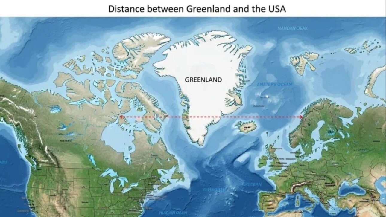 Mapa mostrando la proximidad geográfica entre Groenlandia y Estados Unidos, destacando la relevancia estratégica del territorio ártico rico en petróleo y gas.