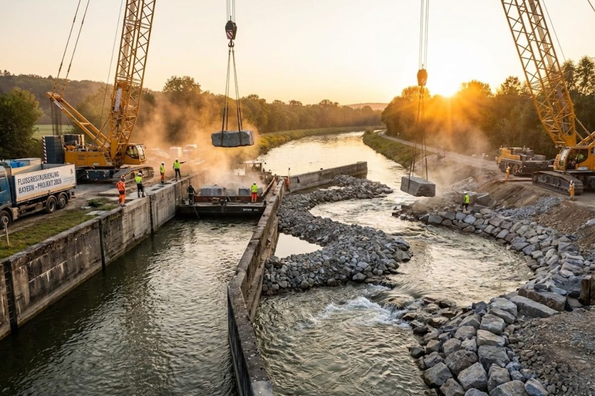 Rios na Baviera entram em renaturalização com Isar e Danúbio recebendo guindastes e milhares de pedras para desacelerar a água, recriar corredeiras, melhorar enchentes e devolver habitat a peixes após a retificação do século 19.
