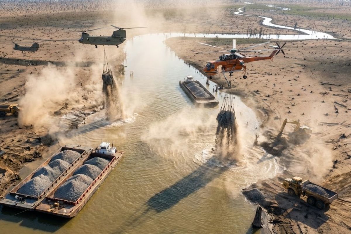 Lago recebe cascalho em projeto de restauração ambiental que cria habitat de desova, protege peixes ameaçados e testa recuperação ecológica em larga escala