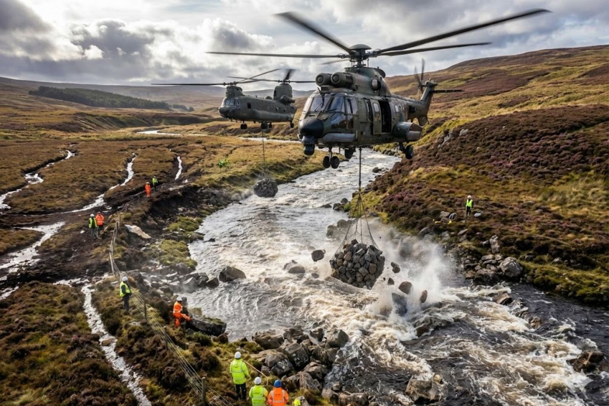 Rios do North Pennines no Reino Unido recebem helicópteros despejando pedras para restaurar turfeiras, recriar corredeiras, aumentar oxigênio dissolvido e frear erosão, testando em 2026 se a restauração aérea consegue reverter séculos de drenagem.