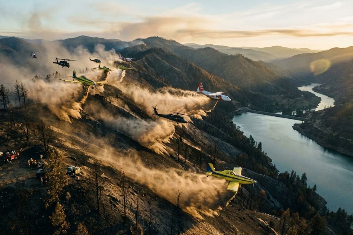 Incêndio no Oeste dos EUA aciona helicópteros e aviões que espalham mulch e sementes para reduzir erosão, segurar encostas e proteger rios e reservatórios antes das chuvas de inverno em 2026.