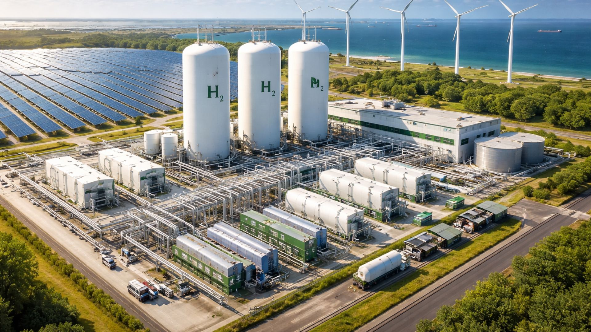 Usina de hidrogênio verde vista de cima, com tanques de armazenamento, eletrolisadores, painéis solares e turbinas eólicas integrados a um complexo industrial próximo ao litoral.