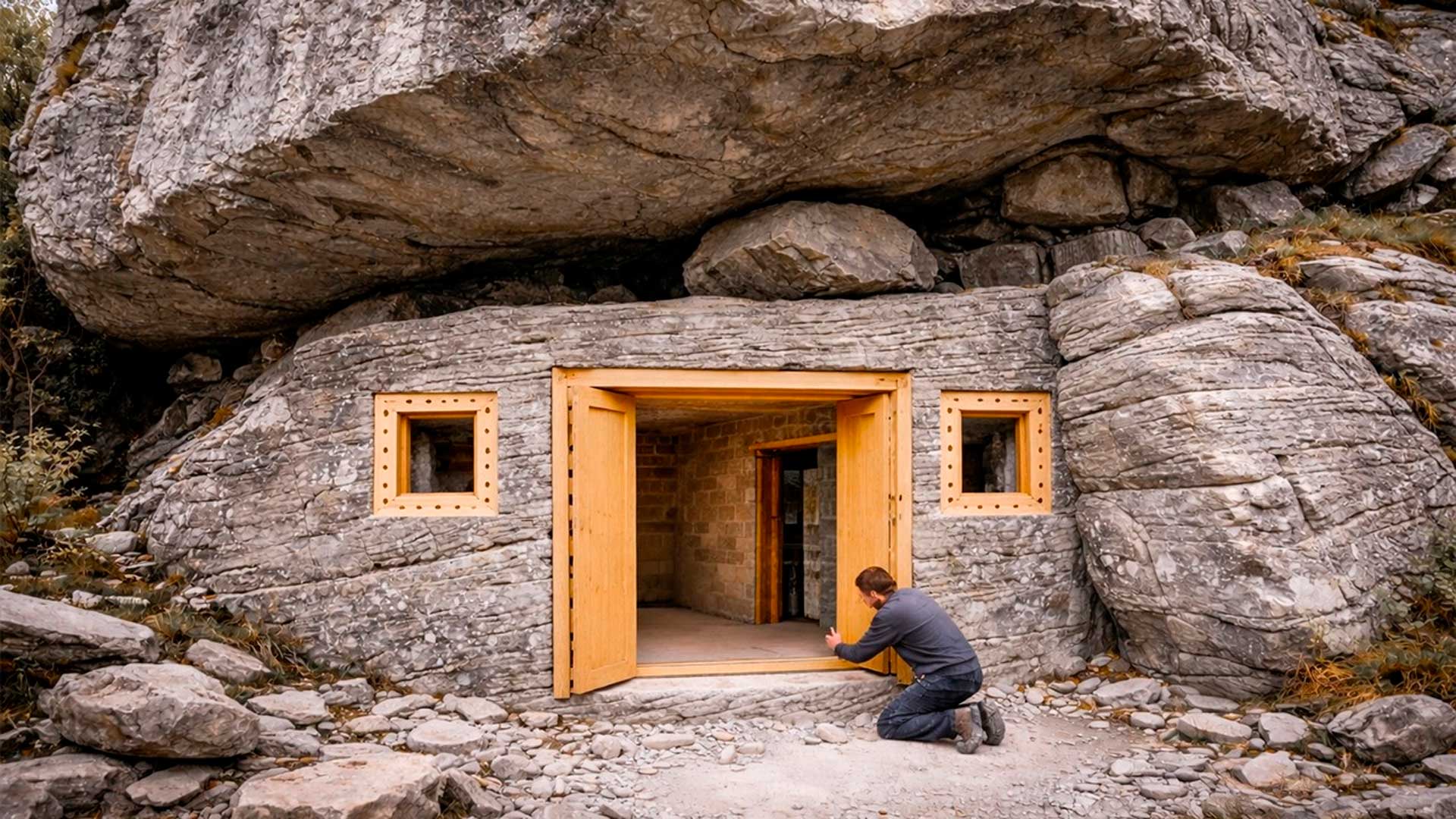 Homem achou uma cavidade sob uma rocha gigante e levou 365 dias cavando e reforçando com bambu e pedra para criar uma casa secreta que parece impossível