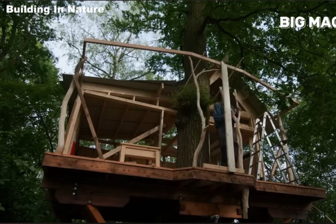 hombre ergue casa en el árbol solo en bosque, usa tornillos, instala escalera y sella techo impermeable con anclaje y distribución de peso para crear refugio elevado y seguro.