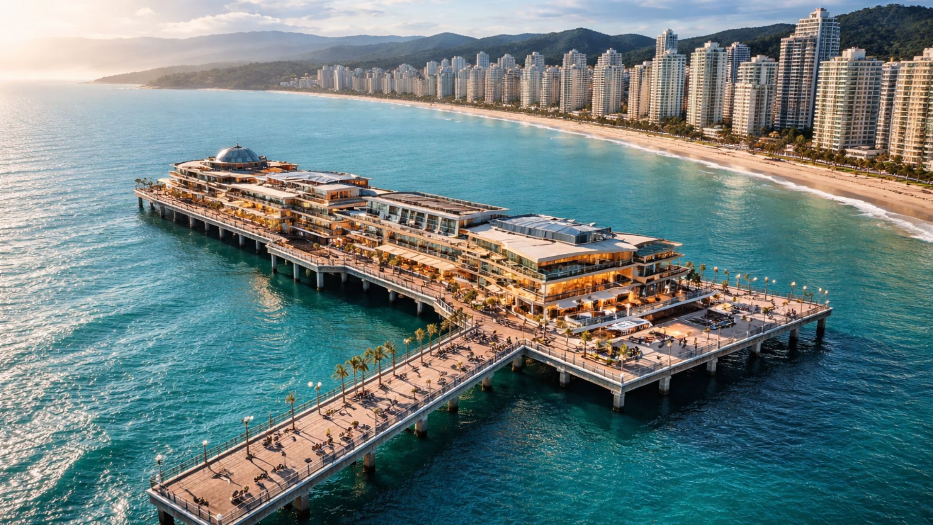 Shopping sobre o mar em Itapema reúne Hard Rock Cafe, mais de 50 operações e vista panorâmica, impulsionando turismo e mercado imobiliário no litoral catarinense.