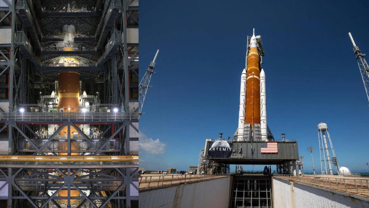 Artes NASA de la cápsula Orion de la Artemis II apilada sobre el cohete SLS en el VAB. Creación de la misión Artemis II con Orion y SLS lista para pruebas en preparación para el vuelo lunar. (Imagen: NASA)