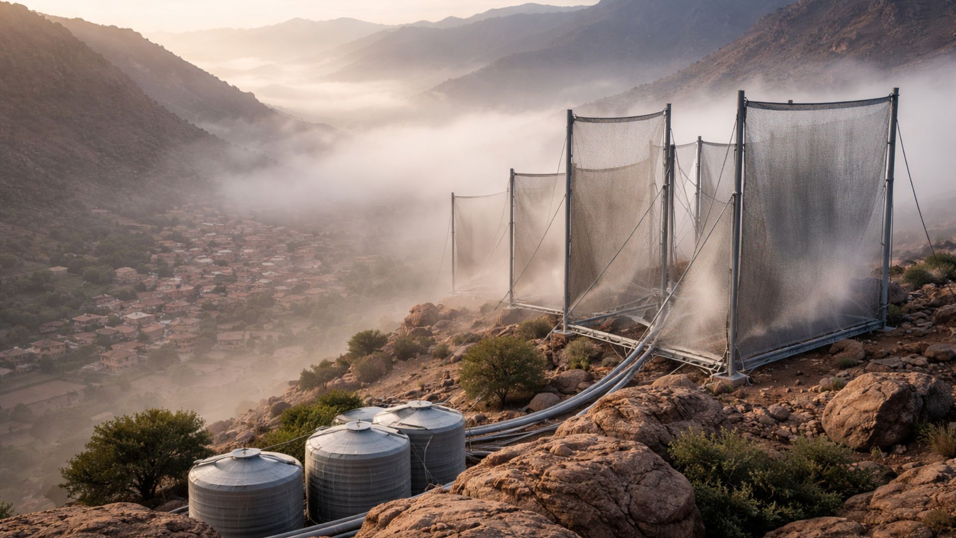 Tecnologia alemã capta água da neblina no Marrocos e abastece vilarejos perto do Saara com redes que transformam umidade do ar em água potável.