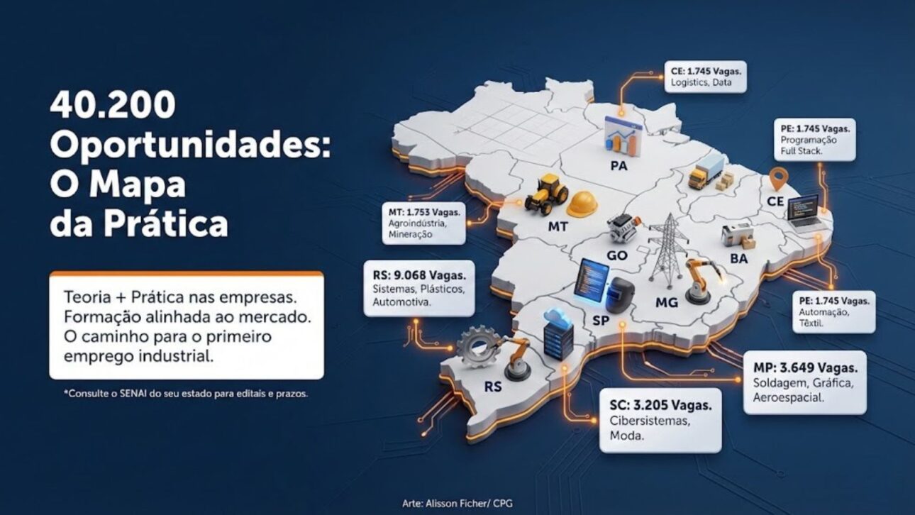 SENAI abre 40,2 mil vagas em cursos gratuitos para jovens aprendizes, com aulas práticas em indústrias e formação técnica no Brasil em 2026.
