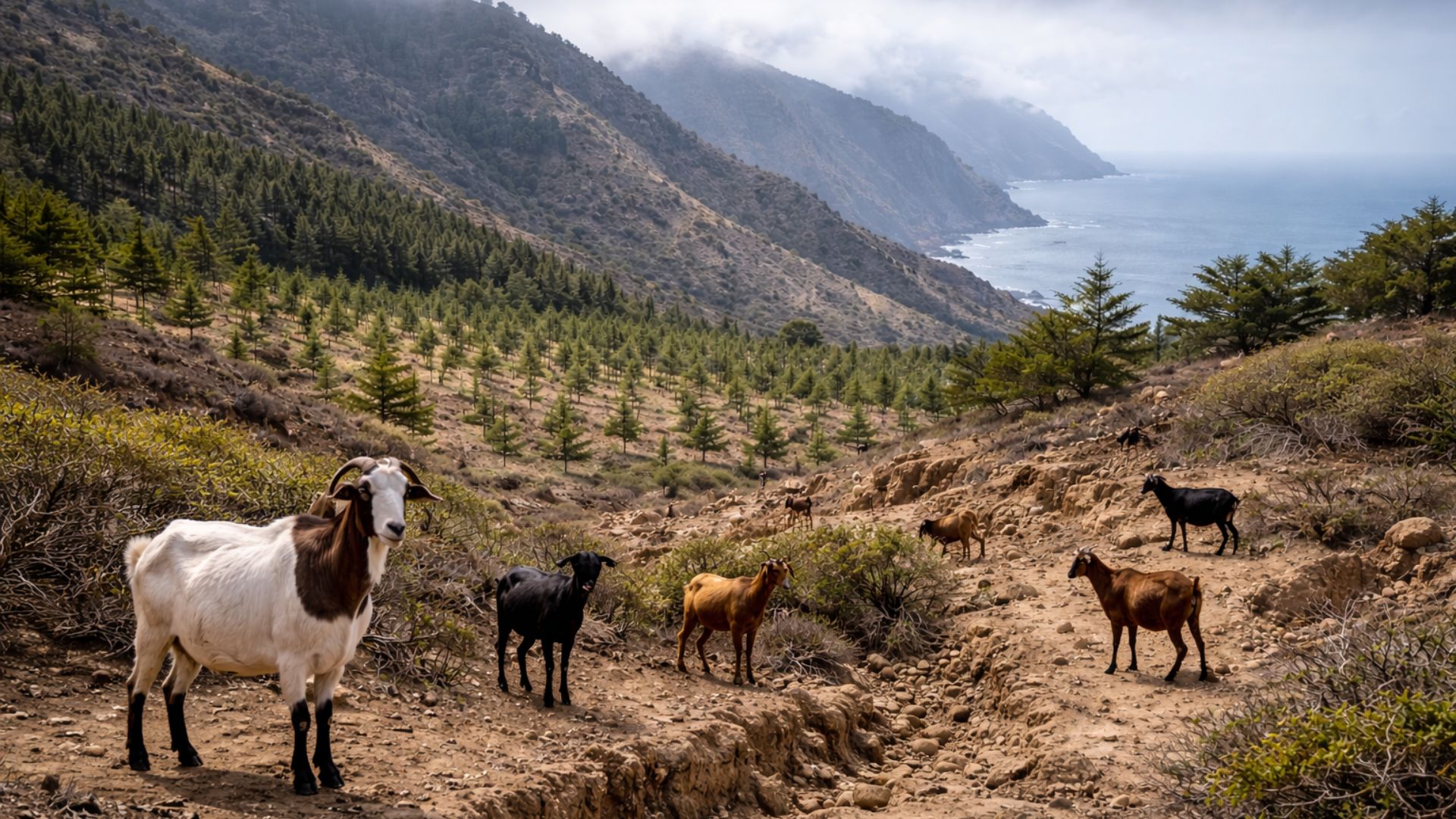Erradicação de cabras ferais na Isla Guadalupe permitiu recuperação de plantas nativas e reflorestamento, mas revelou erosão extrema e novas invasões.