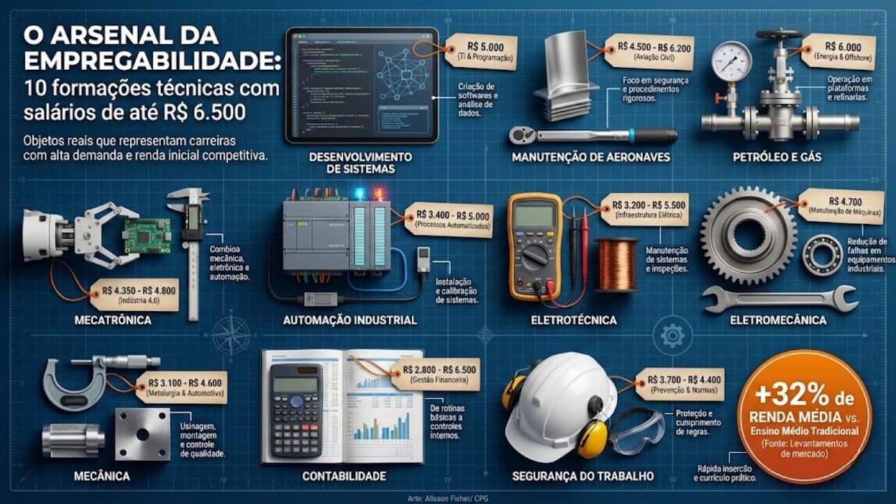 Cursos técnicos en alta ofrecen salarios iniciales de hasta R$ 6.500, alta empleabilidad y retorno mayor que el nivel medio en Brasil.