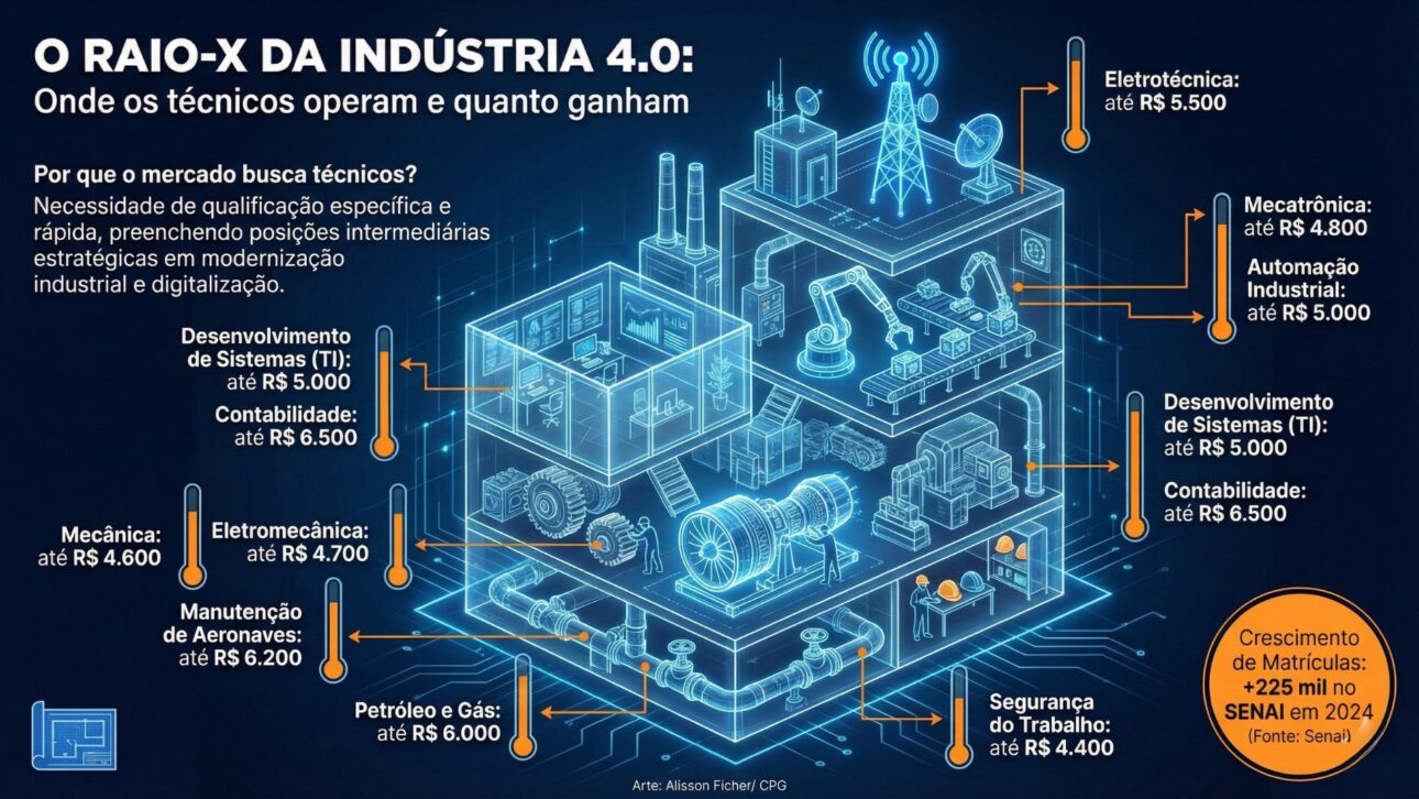 Cursos técnicos en alta ofrecen salarios iniciales de hasta R$ 6.500, alta empleabilidad y retorno mayor que el nivel medio en Brasil.