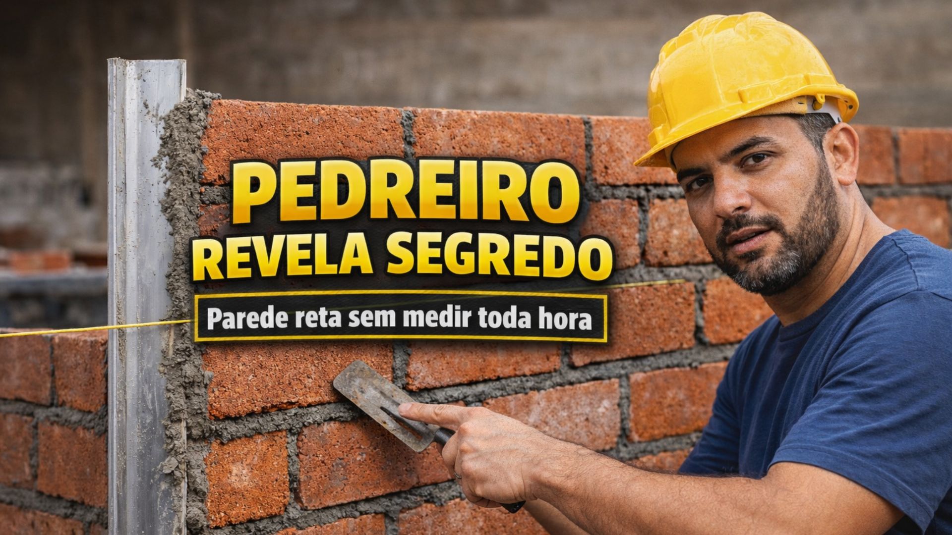 Pedreiro revela técnica com régua e linha para levantar parede reta mais rápido, reduzindo medições, mantendo prumo e alinhamento na alvenaria.