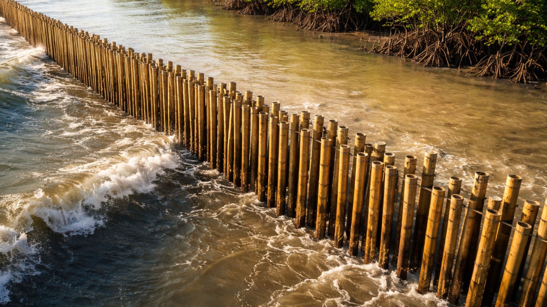 Indonésia usa diques permeáveis de bambu para reduzir ondas e reter sedimentos, permitindo o retorno dos manguezais e protegendo a costa.