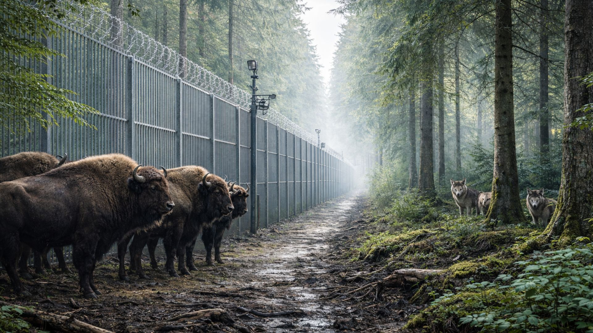 Muro na fronteira entre Polônia e Belarus fragmenta a floresta de Białowieża, ameaça bisões, lobos e linces e amplia riscos humanos.