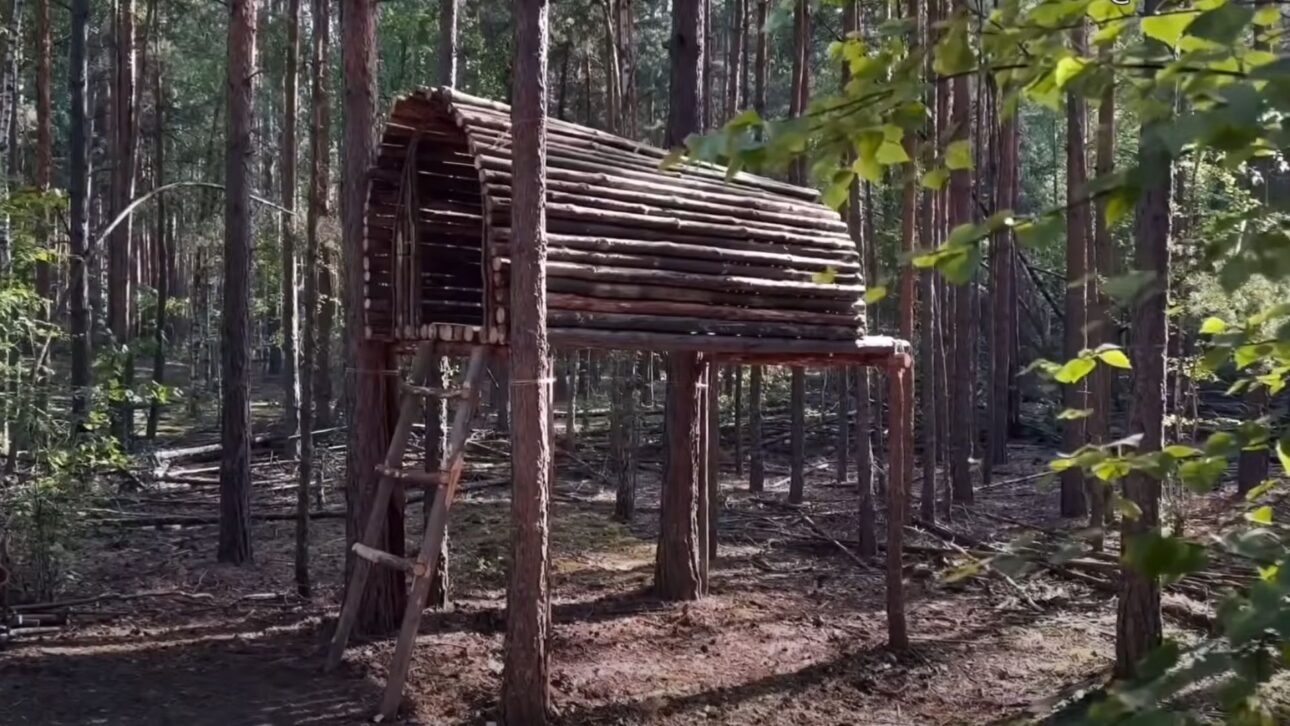 Refugio elevado a 2 metros del suelo usa troncos y madera ligera, sin tornillos, fijado en árboles, con confort térmico y bajo impacto ambiental.