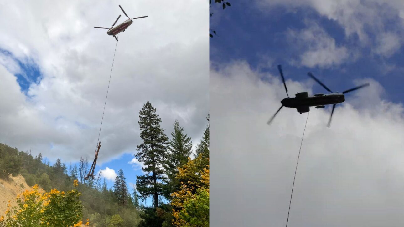 El Helicóptero Chinook Vacía 125 Troncos En Un Arroyo De California Para Restaurar Hábitat Del Salmón Coho Y Recuperar La Dinámica Natural Del Río.