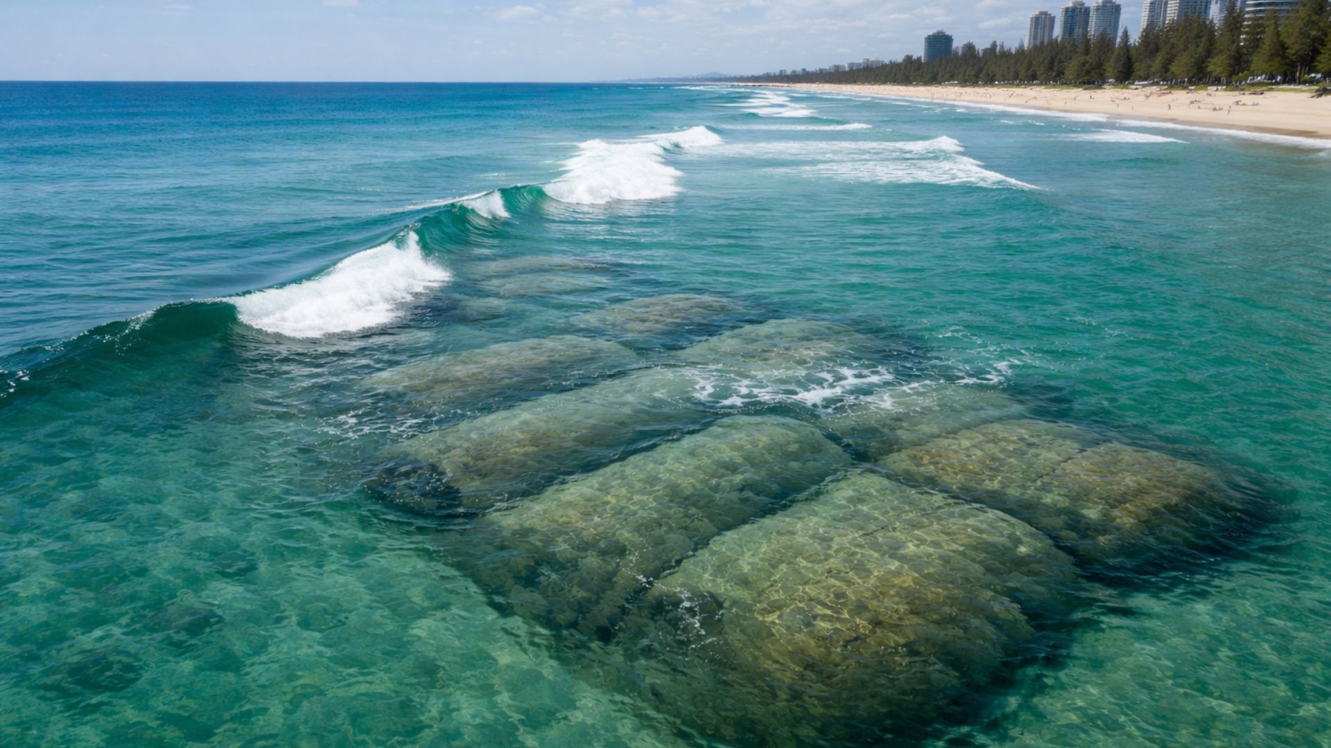 Austrália usa recife submerso com bolsas de geotêxtil cheias de areia para conter erosão costeira e alterar o comportamento das ondas.