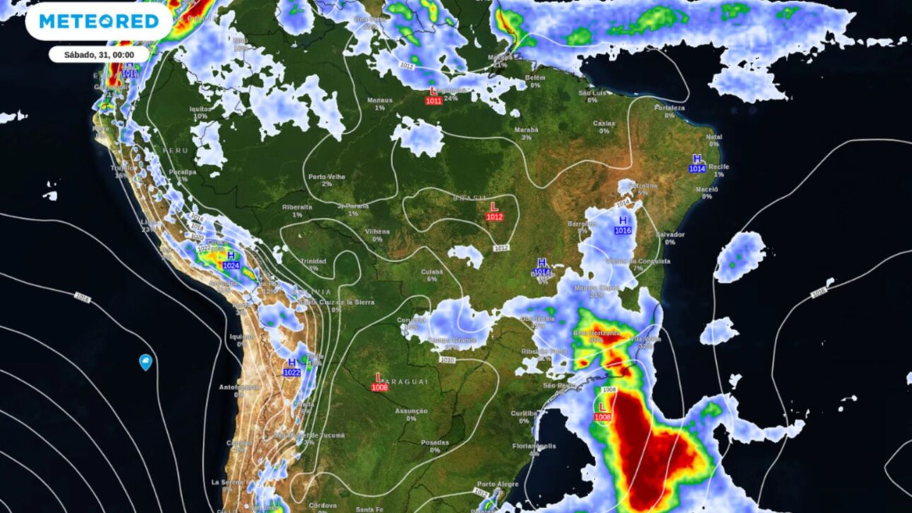 Pronóstico de ciclón (L) en la costa de Brasil y probabilidad de lluvia este sábado (31), de acuerdo con el ECMWF.