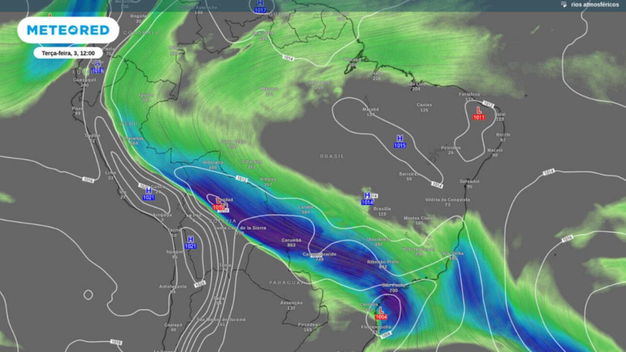 Pronóstico de formación de ciclón (L) en la costa Sur de Brasil y río atmosférico el martes (3), de acuerdo con el ECMWF.