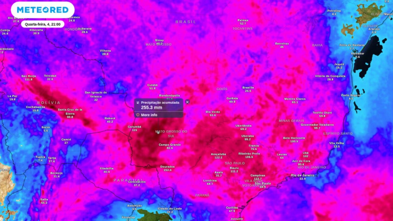 Pronóstico de lluvia acumulada (mm) hasta el miércoles (4) por la noche, de acuerdo con el ECMWF.
