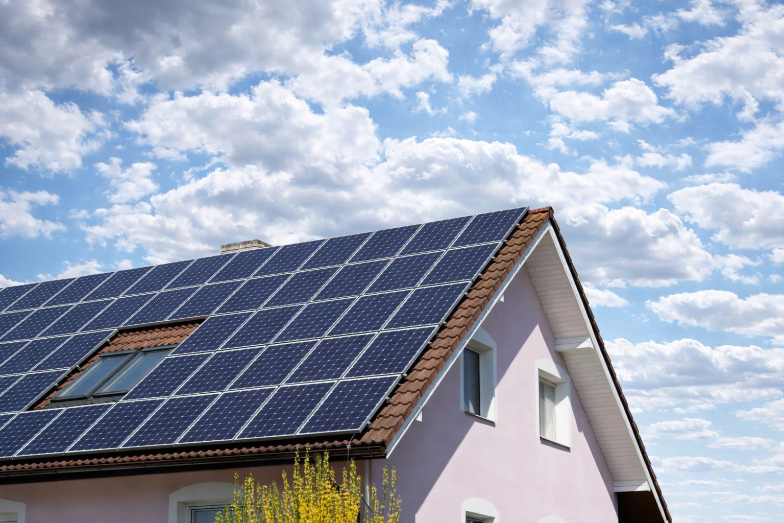 Casa residencial com painéis solares no telhado sob céu azul com várias nuvens brancas.