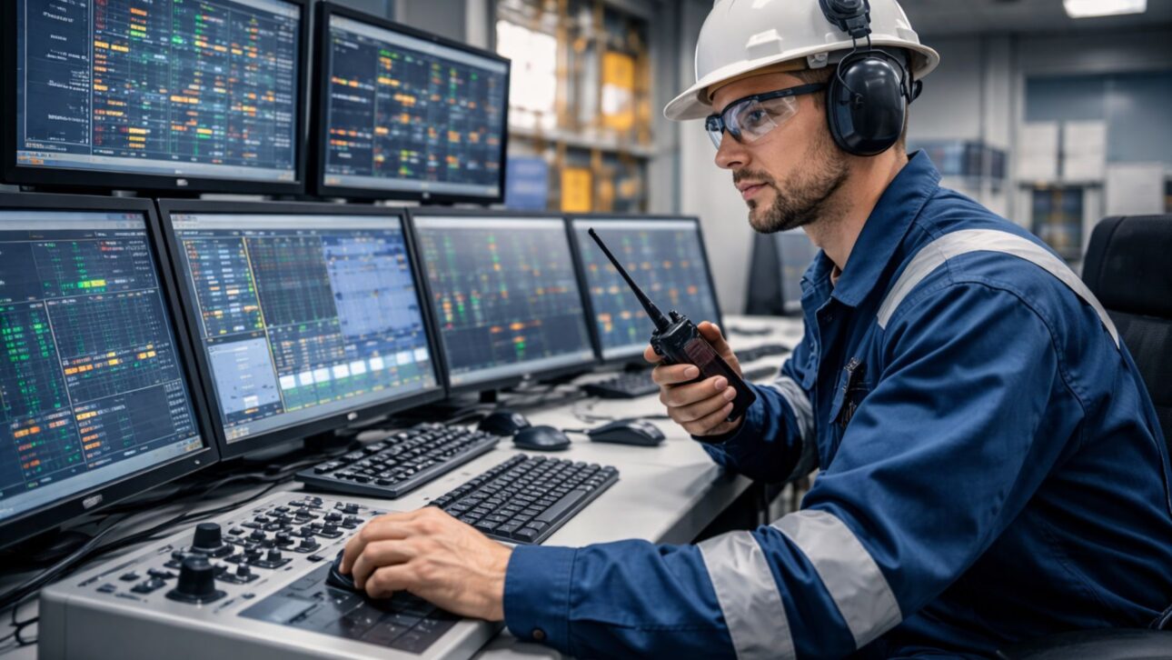 Instrumentista offshore en sala de control monitorea sistemas críticos de automación industrial en plataforma de petróleo, utilizando equipos de comunicación y paneles digitales en el sector offshore.