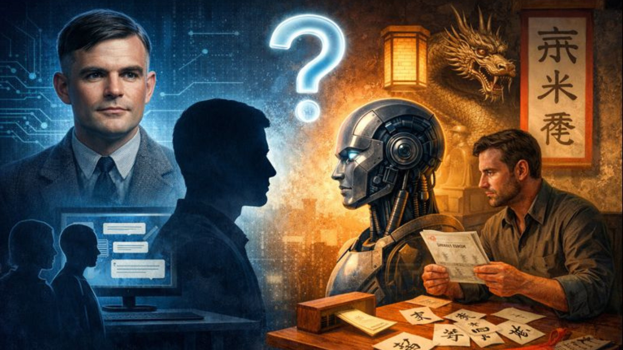 Teste de Turing reacende debate sobre Inteligência Artificial, consciência das máquinas e se a imitação humana equivale ao pensamento real.