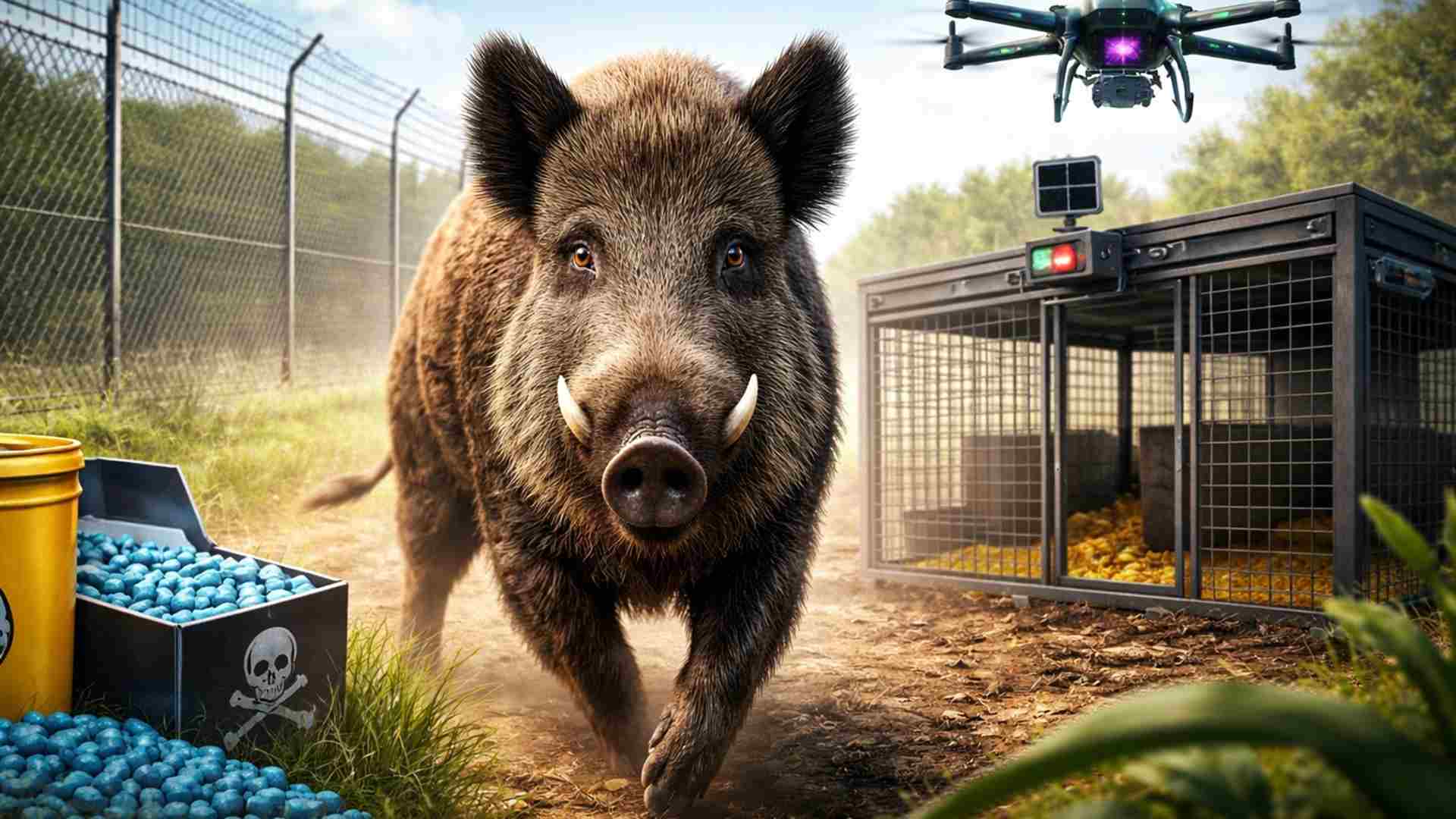 Países adotam seis estratégias oficiais para conter o javali invasor, incluindo vigilância sanitária, armadilhas, iscas reguladas e cercas físicas.