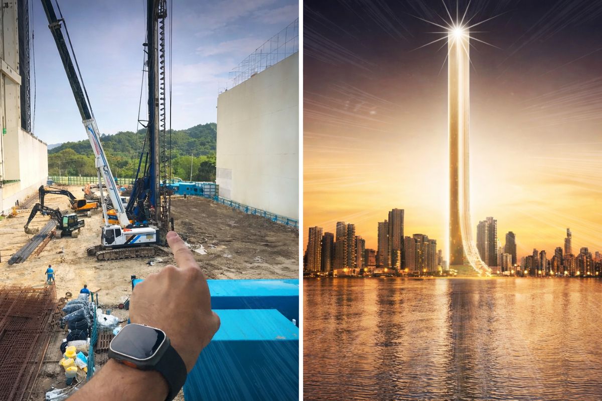 Janeiro de 2026 no Sena Tower fundação com estacas Augercast de 40 m, 60 cm e FCK 90, 798 no bloco principal, mais de 200 feitas, tudo dentro do cronograma