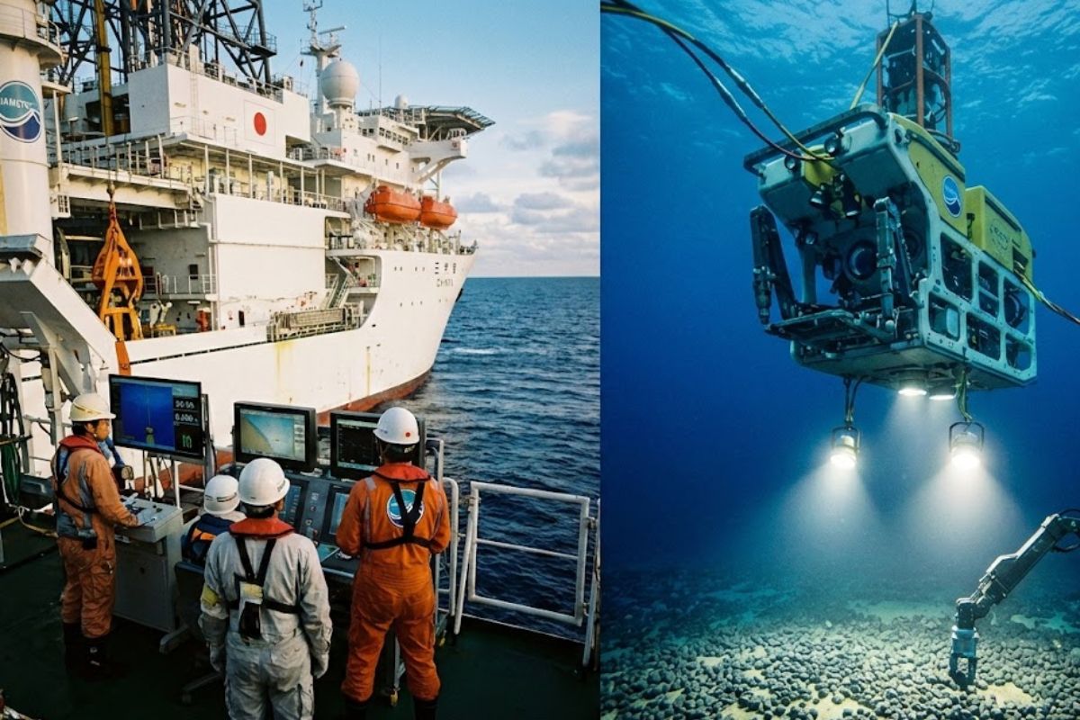 Japão envia o navio Chikyu ao Pacífico para explorar terras raras perto de Minami Torishima e reduzir dependência da China na corrida por minerais críticos.