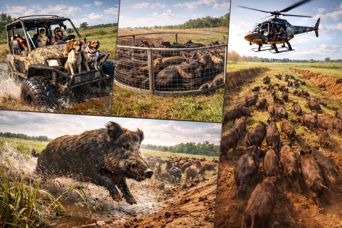 Javalis viram praga e fazendeiros apelam a técnicas criativas buggy do pântano com cães, armadilha que captura manadas inteiras, caça aérea de helicóptero e valas gigantes (3)